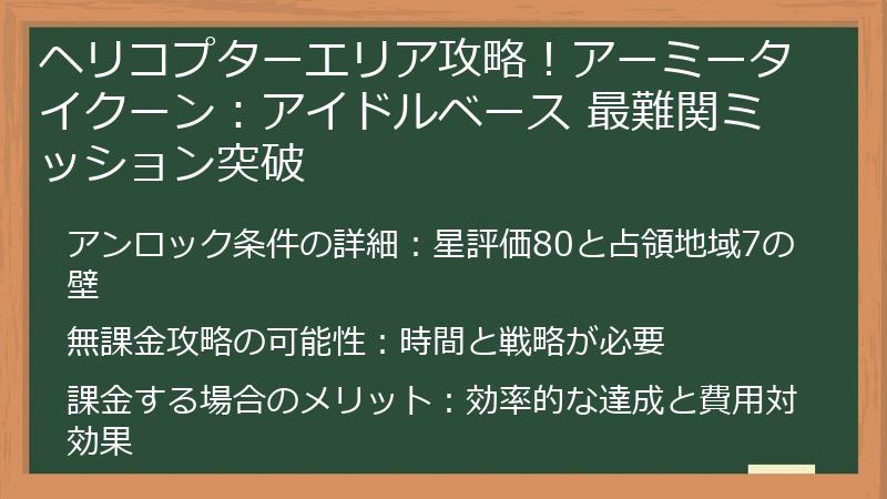 ヘリコプターエリア攻略！アーミータイクーン：アイドルベース 最難関ミッション突破