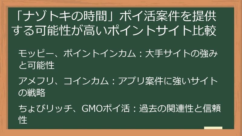 「ナゾトキの時間」ポイ活案件を提供する可能性が高いポイントサイト比較