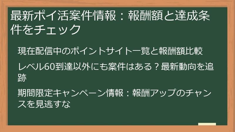 最新ポイ活案件情報：報酬額と達成条件をチェック