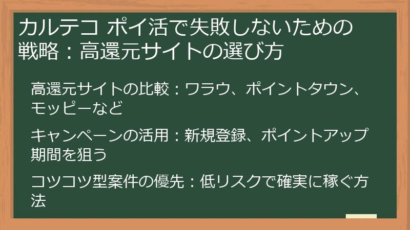 カルテコ ポイ活で失敗しないための戦略：高還元サイトの選び方
