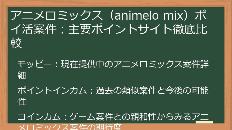 アニメロミックス（animelo mix）ポイ活案件：主要ポイントサイト徹底比較