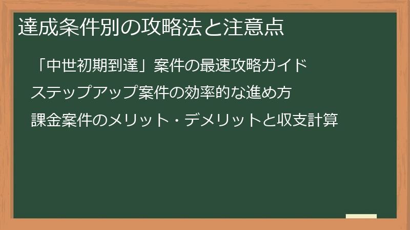 達成条件別の攻略法と注意点