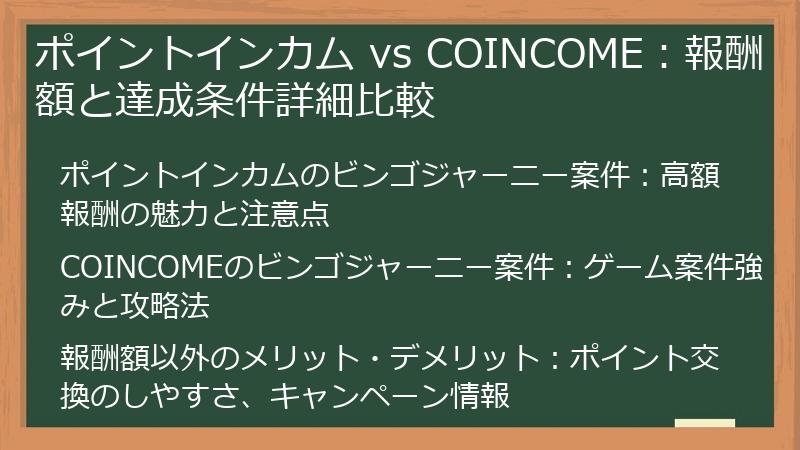 ポイントインカム vs COINCOME：報酬額と達成条件詳細比較