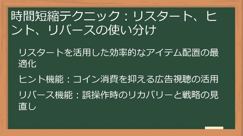 時間短縮テクニック：リスタート、ヒント、リバースの使い分け
