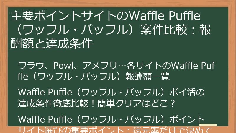 主要ポイントサイトのWaffle Puffle（ワッフル・パッフル）案件比較：報酬額と達成条件