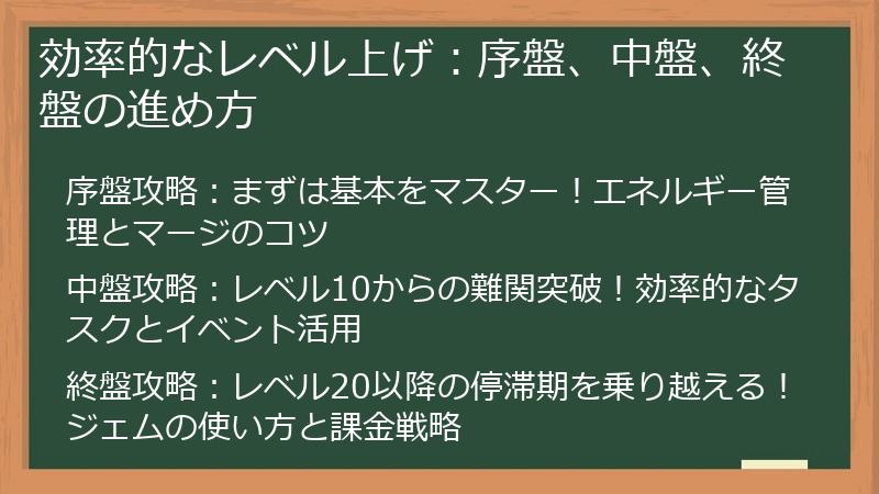 効率的なレベル上げ：序盤、中盤、終盤の進め方