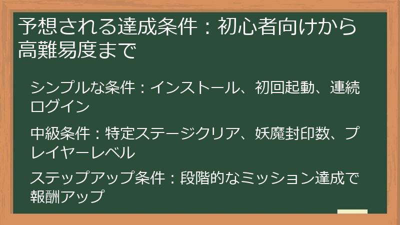 予想される達成条件：初心者向けから高難易度まで
