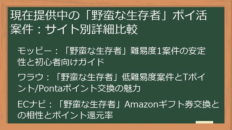 現在提供中の「野蛮な生存者」ポイ活案件：サイト別詳細比較