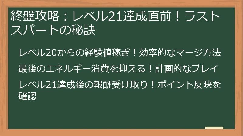 終盤攻略：レベル21達成直前！ラストスパートの秘訣