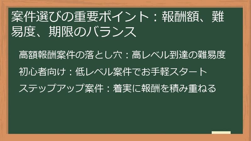 案件選びの重要ポイント：報酬額、難易度、期限のバランス