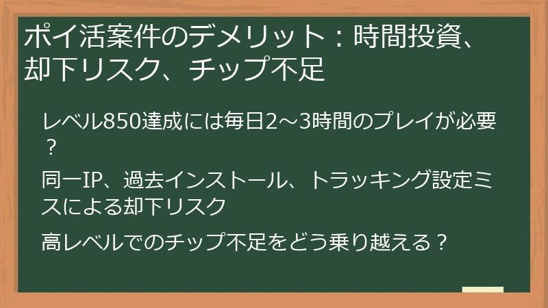 ポイ活案件のデメリット：時間投資、却下リスク、チップ不足
