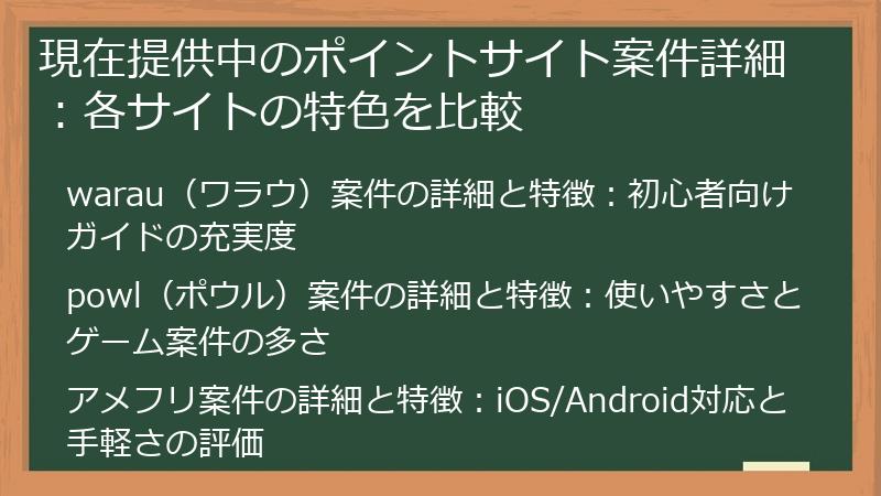 現在提供中のポイントサイト案件詳細：各サイトの特色を比較