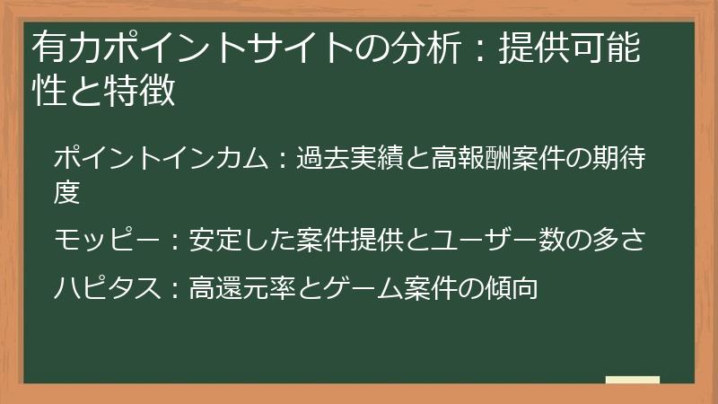 有力ポイントサイトの分析：提供可能性と特徴