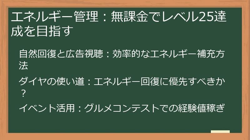 エネルギー管理：無課金でレベル25達成を目指す