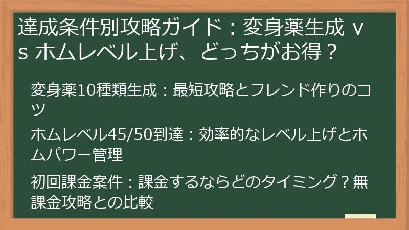 達成条件別攻略ガイド：変身薬生成 vs ホムレベル上げ、どっちがお得？