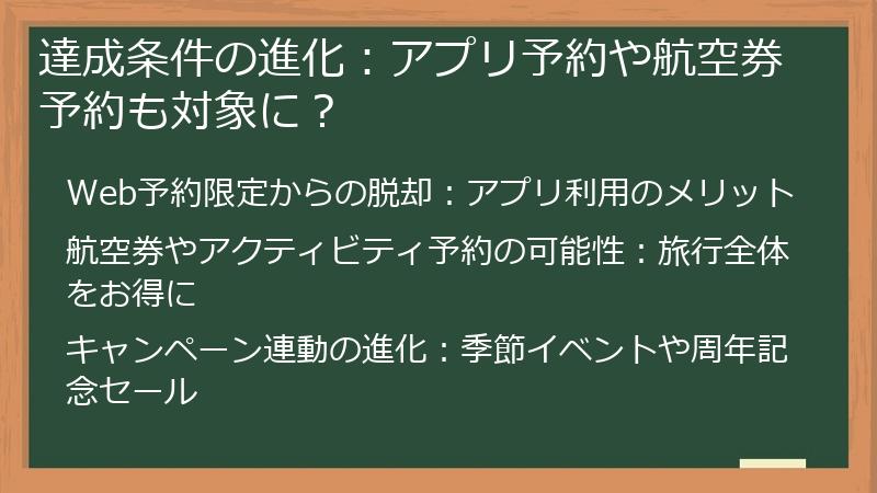 達成条件の進化：アプリ予約や航空券予約も対象に？