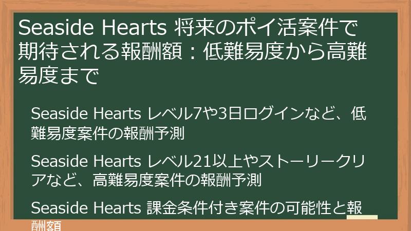 Seaside Hearts 将来のポイ活案件で期待される報酬額：低難易度から高難易度まで