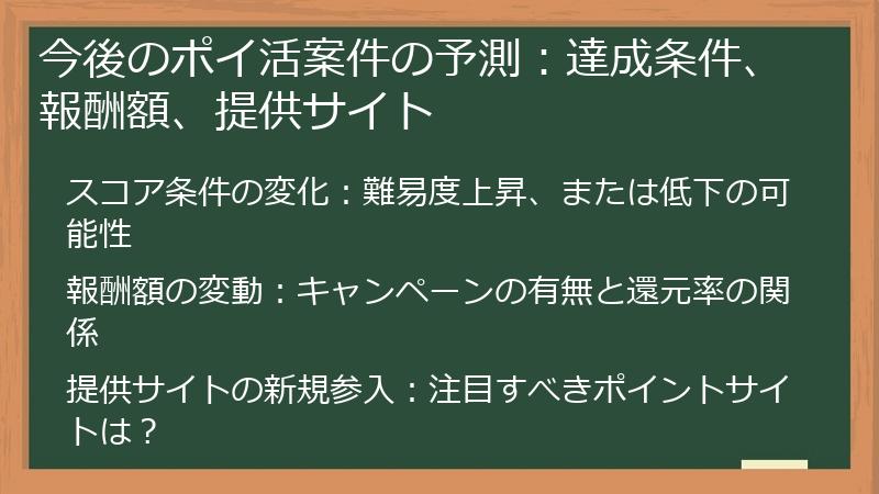 今後のポイ活案件の予測：達成条件、報酬額、提供サイト