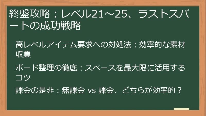 終盤攻略：レベル21〜25、ラストスパートの成功戦略