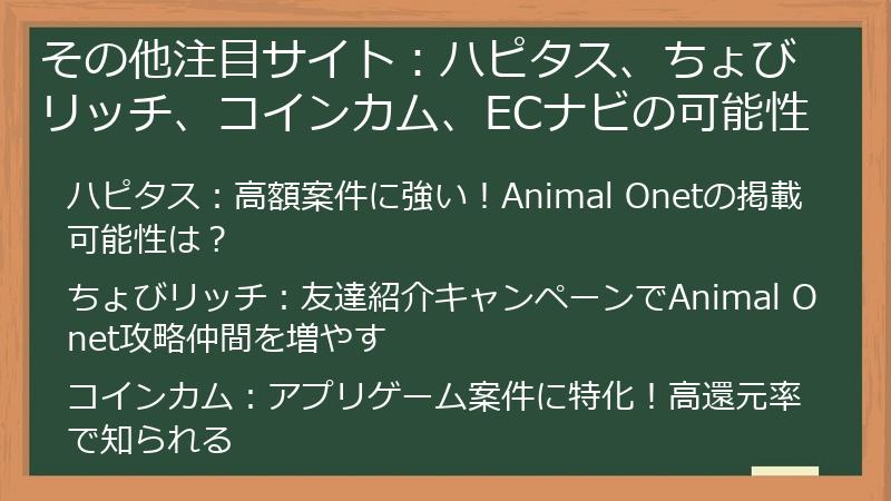 その他注目サイト：ハピタス、ちょびリッチ、コインカム、ECナビの可能性