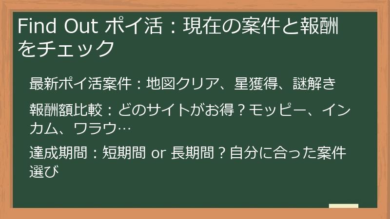 Find Out ポイ活：現在の案件と報酬をチェック