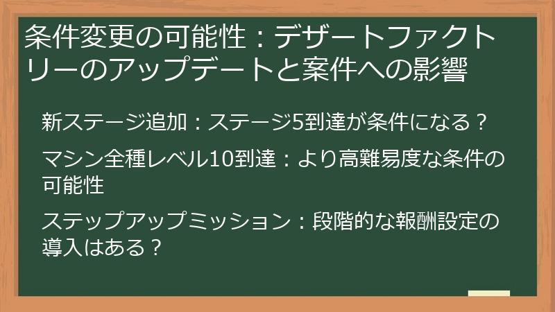 条件変更の可能性：デザートファクトリーのアップデートと案件への影響