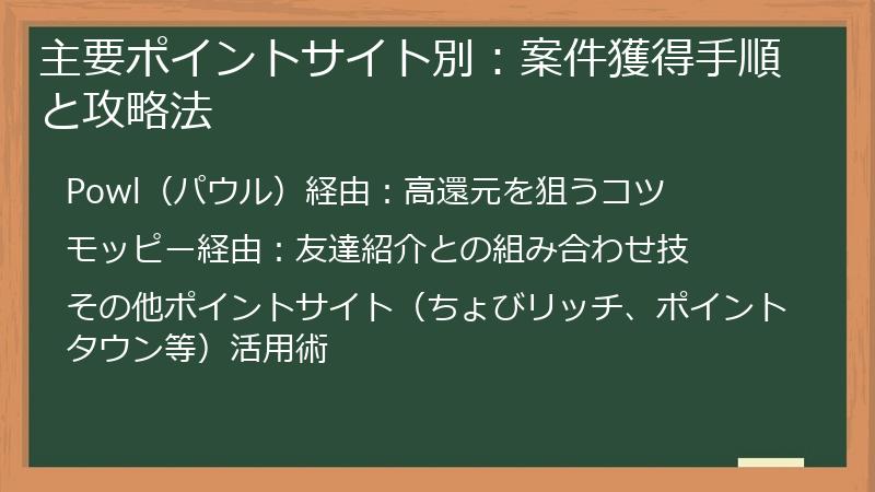 主要ポイントサイト別：案件獲得手順と攻略法