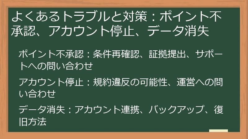 よくあるトラブルと対策:ポイント不承認、アカウント停止、データ消失