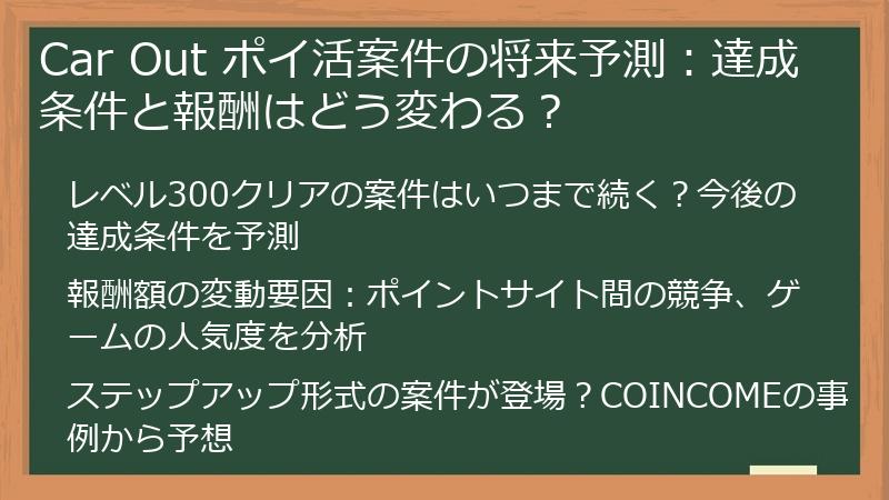 Car Out ポイ活案件の将来予測:達成条件と報酬はどう変わる?