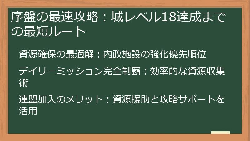 序盤の最速攻略：城レベル18達成までの最短ルート
