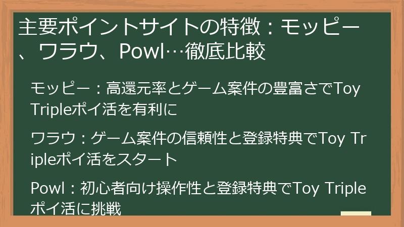 主要ポイントサイトの特徴：モッピー、ワラウ、Powl…徹底比較