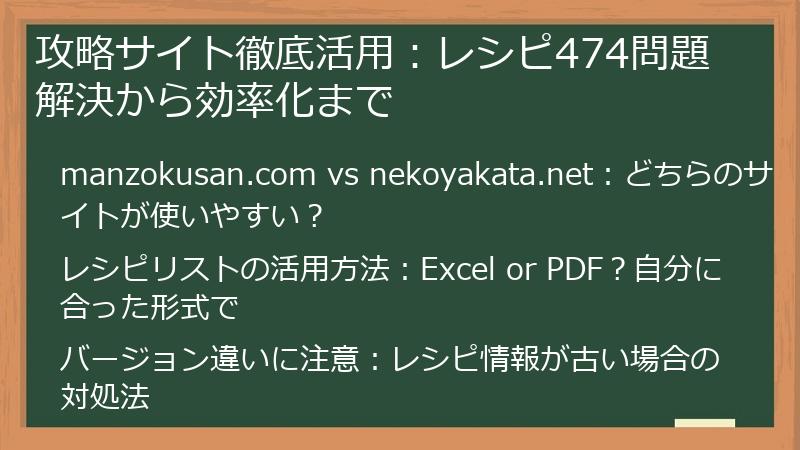 攻略サイト徹底活用：レシピ474問題解決から効率化まで