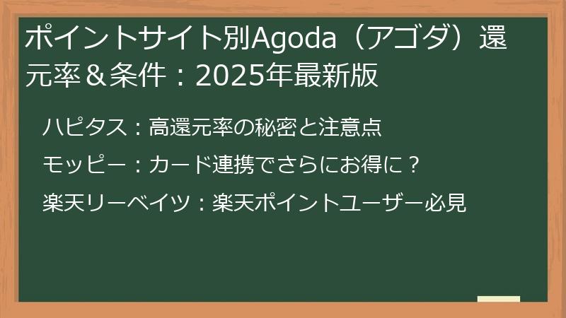 ポイントサイト別Agoda（アゴダ）還元率＆条件：2025年最新版