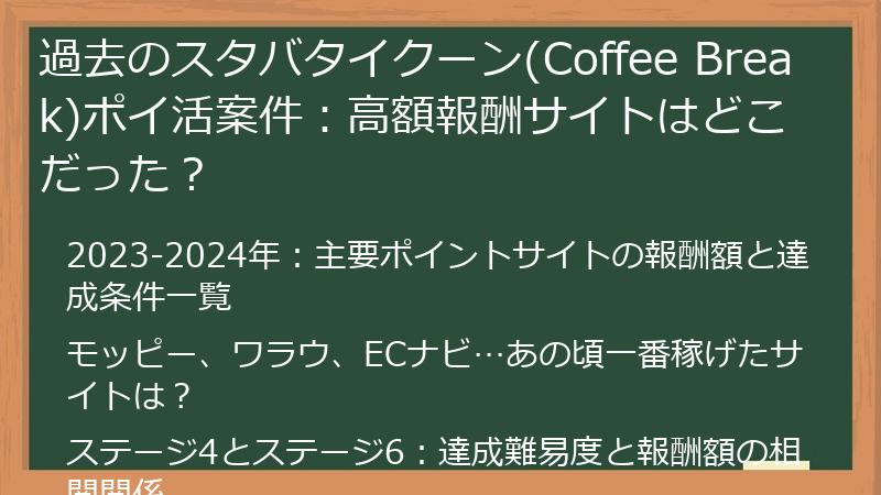 過去のスタバタイクーン(Coffee Break)ポイ活案件：高額報酬サイトはどこだった？