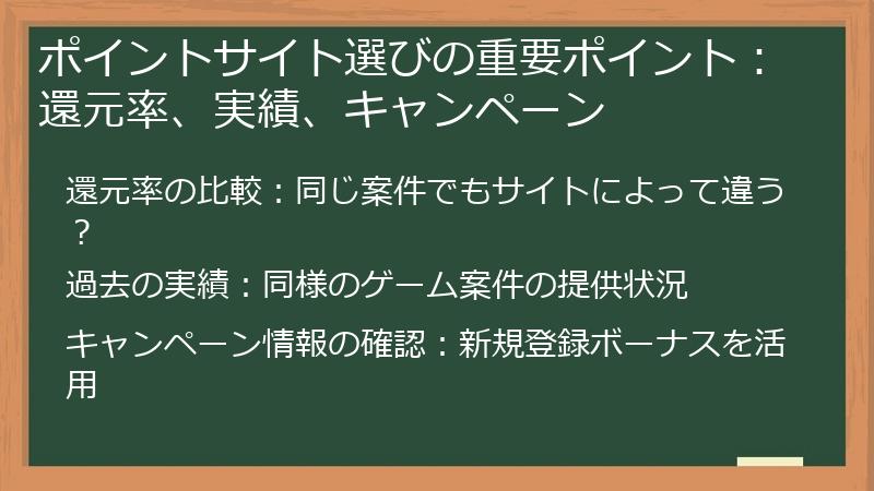 ポイントサイト選びの重要ポイント:還元率、実績、キャンペーン
