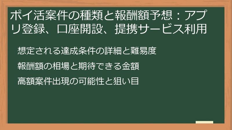 ポイ活案件の種類と報酬額予想：アプリ登録、口座開設、提携サービス利用