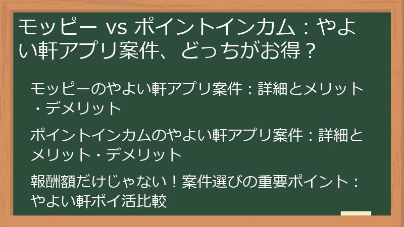 モッピー vs ポイントインカム：やよい軒アプリ案件、どっちがお得？
