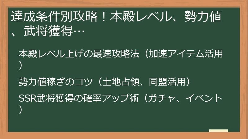 達成条件別攻略！本殿レベル、勢力値、武将獲得…