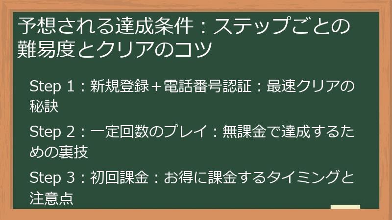 予想される達成条件：ステップごとの難易度とクリアのコツ