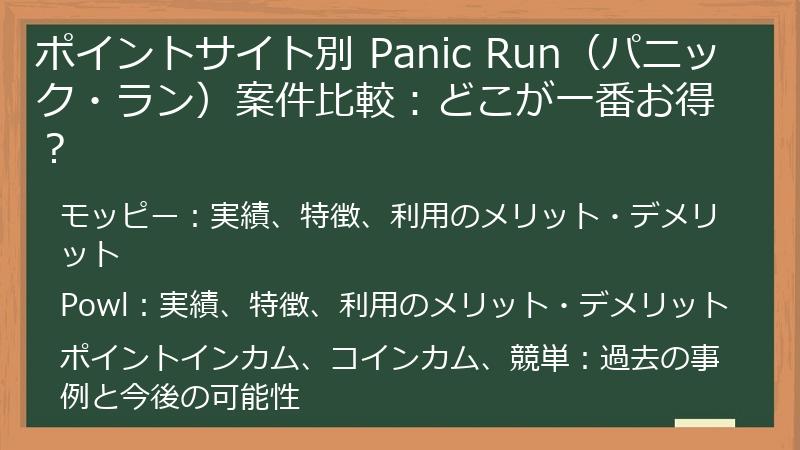 ポイントサイト別 Panic Run（パニック・ラン）案件比較：どこが一番お得？