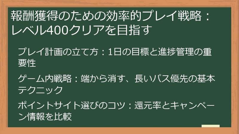 報酬獲得のための効率的プレイ戦略：レベル400クリアを目指す