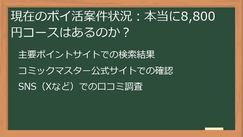 現在のポイ活案件状況：本当に8,800円コースはあるのか？