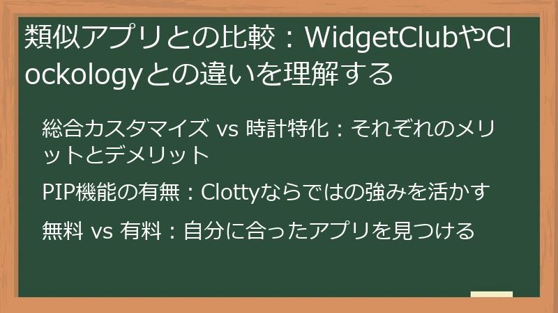 類似アプリとの比較:WidgetClubやClockologyとの違いを理解する