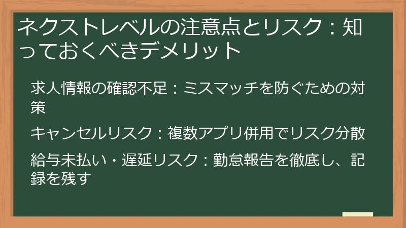 ネクストレベルの注意点とリスク：知っておくべきデメリット