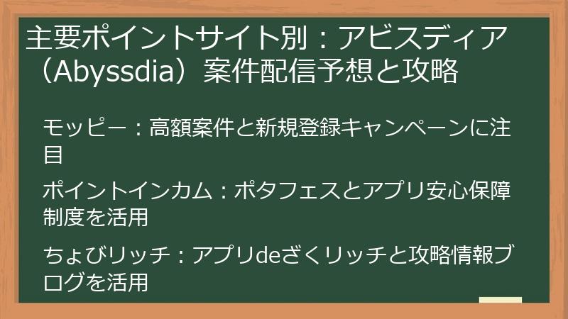 主要ポイントサイト別：アビスディア（Abyssdia）案件配信予想と攻略