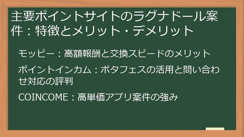 主要ポイントサイトのラグナドール案件：特徴とメリット・デメリット