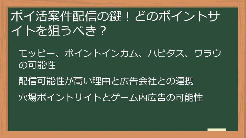 ポイ活案件配信の鍵！どのポイントサイトを狙うべき？
