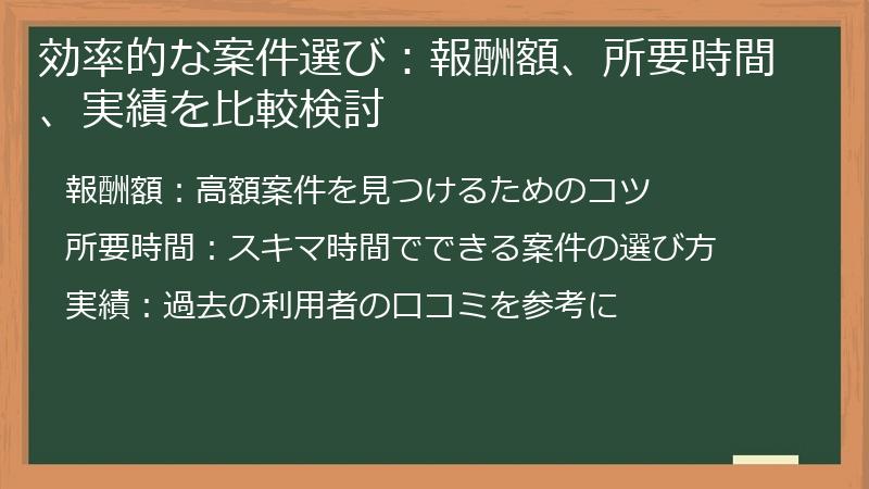 効率的な案件選び:報酬額、所要時間、実績を比較検討