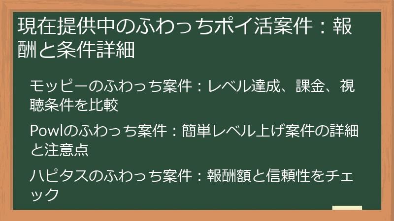 現在提供中のふわっちポイ活案件：報酬と条件詳細