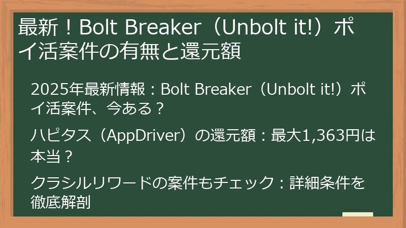 最新！Bolt Breaker（Unbolt it!）ポイ活案件の有無と還元額